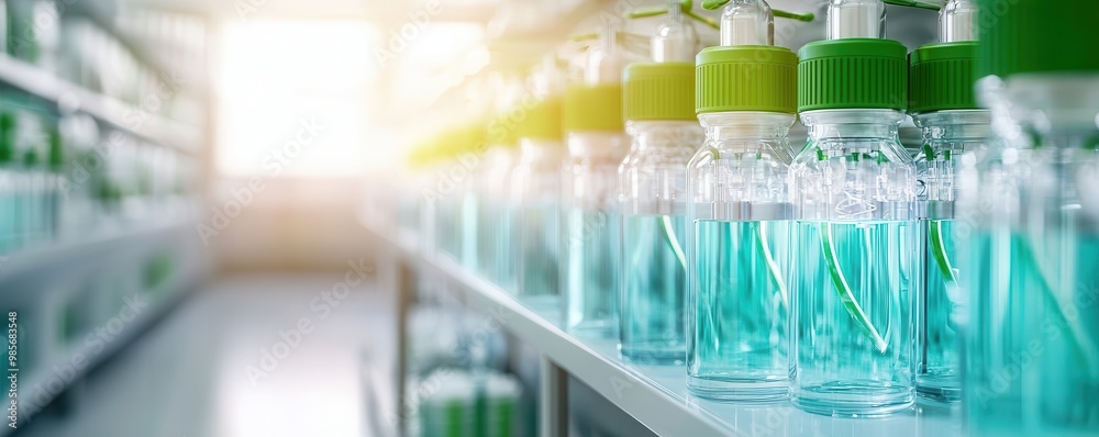 Canvas Prints Rows of Green and Clear Bottles on a Shelf.