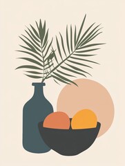 Obraz premium A contemporary arrangement showcases a vase filled with palm leaves beside a bowl containing ripe oranges against a neutral backdrop