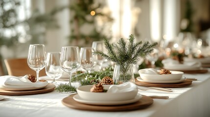 Elegant Nordic minimalist Christmas table, featuring white linens, wooden chargers, and sprigs of greenery in clear vases, a soft natural light,