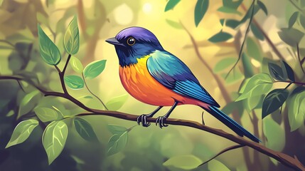A colorful bird perches on a branch in a lush green forest.