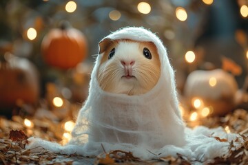 Obraz premium A guinea pig dressed in a ghost costume, set against a spooky background with dim lighting and Halloween decorations, creating an adorable and eerie Halloween scene