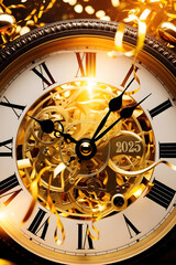 Fototapeta premium vintage clock striking midnight golden confetti streamers 2025 celebration happy new year
