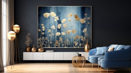 Elegant silhouettes of plants on canvas with gold, black, blue, and gray tones – modern interior art for home decor, stylish background wallpaper design for living rooms and offices.



