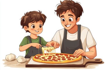 Illustration of a joyful scene of a father and son making pizza together, showcasing the importance of family bonding and cooking delights.