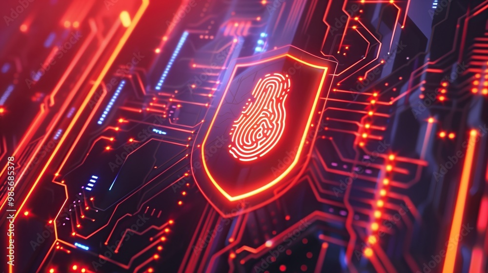 Poster Digital fingerprint security on glowing circuit board abstract advance cybersecurity hacking technology background