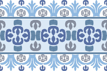 Blue and white embroidery, motif ethnic ikat seamless textile illustration, print striped ornament, pattern, design for wrapping, silk, scarf, clothing, background, textile, carpets, curtains.