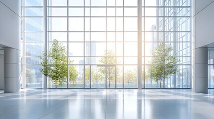 Empty Modern Office Lobby With Large Windows and Ample Natural Light for Business Backgrounds