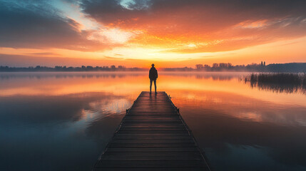 silhouette of a person on a jetty by the water at sunrise or sundown