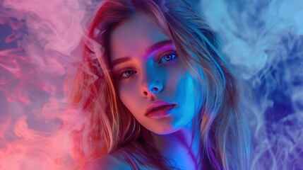 Close-up portrait of young woman with wavy hair surrounded by colorful smoke
