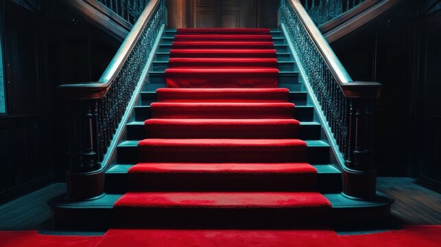 Red carpet on a dark wooden staircase leading up to a closed door.