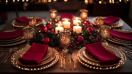 Overhead view of a classic red and gold Christmas table, red napkins neatly folded, gold-rimmed plates and shining candle holders, a centerpiece of glowing candles and festive decorations,