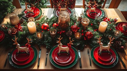 Fototapeta premium Overhead view of a playful Christmas table setting with mini reindeer figurines, sleigh napkin holders, and festive red and green tableware, candlelight casting soft shadows,