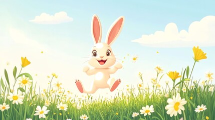 A cartoon bunny rabbit hops through a field of flowers.
