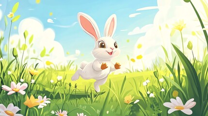 Fototapeta premium A happy cartoon bunny rabbit runs through a field of flowers.