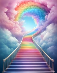 A rainbow spiral staircase leading up into a cloud of bright colors, symbolizing the ascent through creativity business concept