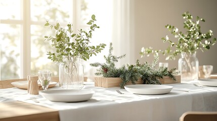 Simple and elegant Nordic minimalist Christmas table setup, white linen cloth, wooden accents, and sprigs of greenery in glass vases, soft daylight and clean aesthetic,