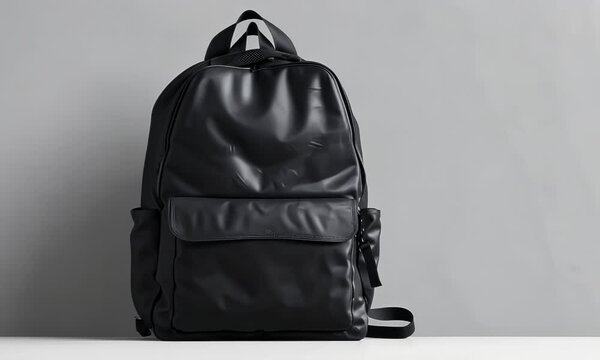 A black leather backpack sits on a table 4K Video