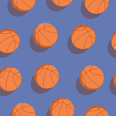 Basketball with shadow seamless pattern. Vector design on blue background