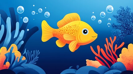 Fototapeta premium A cartoon fish with orange and yellow scales swims through the blue ocean.