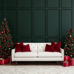 Christmas Decor with White Sofa and Green Wall