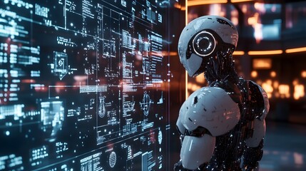 A futuristic robot analyzes data on a digital display.