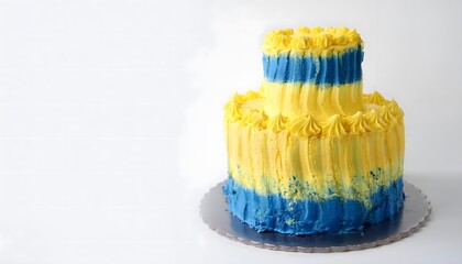 Layered Birthday Cake with Yellow and Blue Frosting