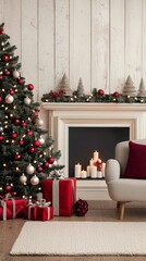 Christmas Fireplace Decor with Presents and Lights