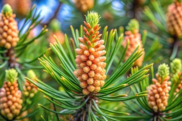 Blooming young pine tree with delicate buds of cones