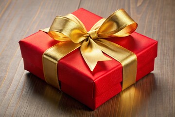 Gifted red box wrapped in vibrant scarlet paper and adorned with a golden bow, awaits an extraordinary occasion