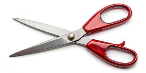 Giant scissors with large red handles and a shiny metallic blade sit on a crisp white background, awaiting