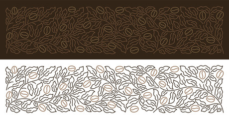 Coffee-Themed Vector Design with Botanical Ornament Background. Vector editable outline line stroke.