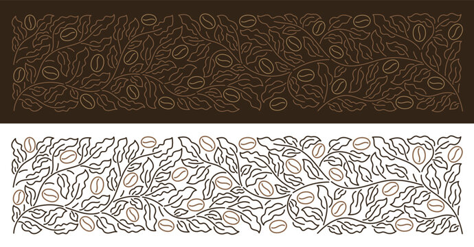 Coffee-Themed Vector Design with Botanical Ornament Background. Vector editable outline line stroke.
