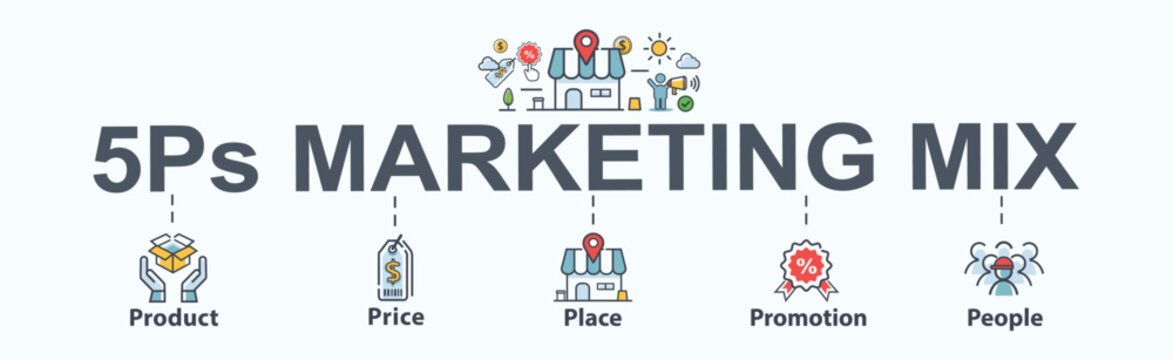 5P Marketing mix web icon vector illustration concept for business and digital marketing, price, place, promotion, people and product. Minimal vector infographic.