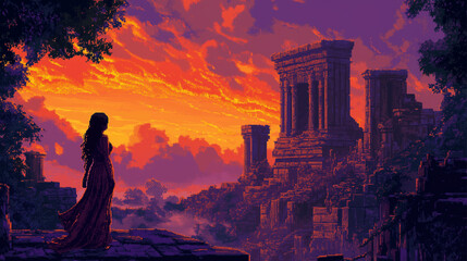 a girl s in a desert with architectural ruins. pixel art