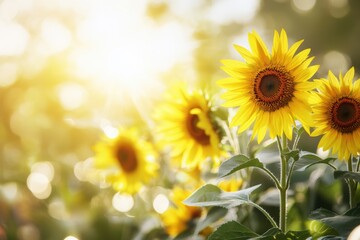 Sunlit sunflowers in bright summer field