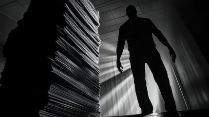 Businessman standing next to huge stack of paperwork
