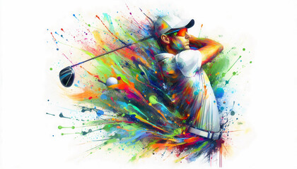 Artistic representation of a male golfer swinging a club, surrounded by vibrant paint splashes, symbolizing precision and creativity