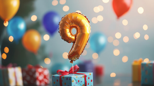 happy 9th birthday, balloons in colourful background 