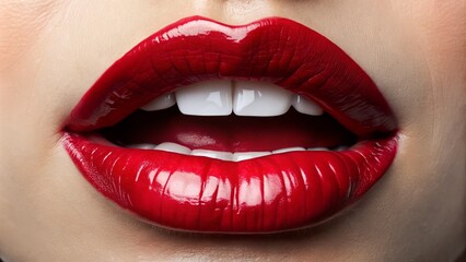 Fototapeta premium Glossy, painted lips are slightly parted, revealing a hint of teeth and tongue, a subtle invitation to pucker