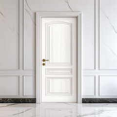 A sleek white interior door with classic paneling, set against marble flooring and detailed wall molding in a luxurious space