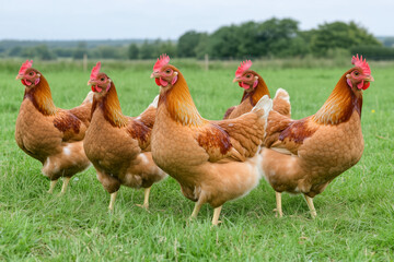 Fototapeta premium A flock of brown hens standing together on a grassy pasture