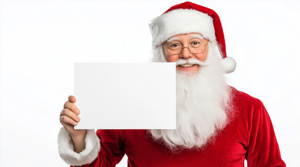 Smiling Santa Claus in red suit holding a blank white sign, perfect for adding a personalized holiday message or greeting