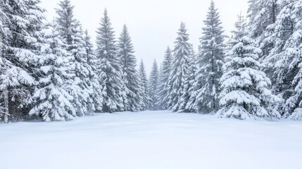 A quiet winter forest path lined with snow-covered pine trees, winter
