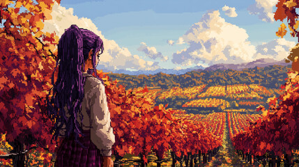 A woman with long purple hair stands in front of a vineyard, taking in the beauty of the autumn landscape. The painting captures the essence of the season, with the vibrant colors of the leaves. Pixel