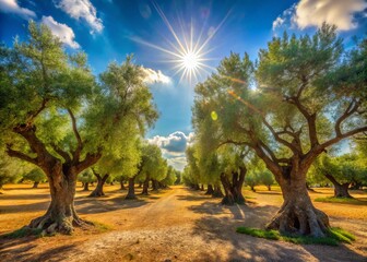 Gnarled ancient olive trees stretch towards the sky, their twisted limbs embracing the lush greenery beneath, as the