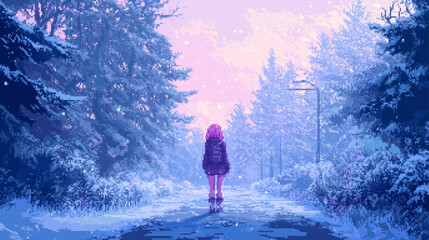 A girl is standing in the snow in a forest. The sky is blue and the snow is white. The girl is wearing a red jacket. Pixel art