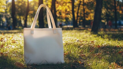 Tote Bag Mockup. Blank Design in Sunny Park with Copy Space
