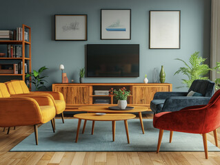 Colorful Mid-Century Modern Living Room with Bold Accents