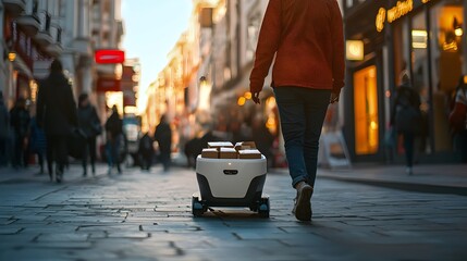 Obraz premium Autonomous Delivery Robot Navigating Urban Streets with Packages for Smart Logistics Solutions