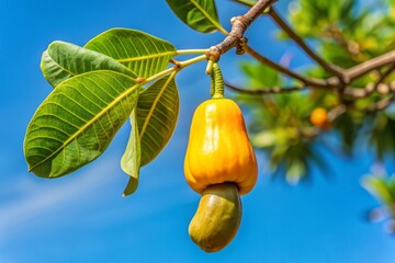 Golden cashew fruit swings gently from a lush tropical tree branch, suspended against a brilliant blue sky where